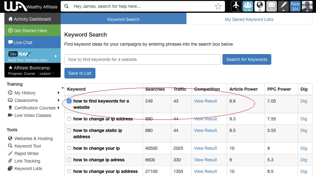 how to find keywords for 